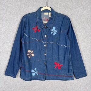 Vintage Bobbie Brooks Embroidered Denim Shirt Small Flowers Artsy Granny Shacket